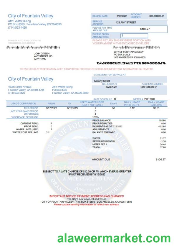USA California City of Fountain Valley utility bill template in Word and PDF format